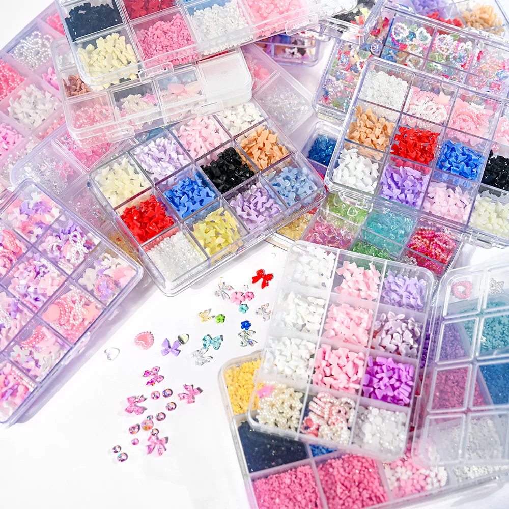 12grid/box Mixed Bow Ribbon Nail Art Resin Charms Five-petal Flower Hollowed Out Pearl Set Jewelry DIY Nail Art Accessories *##