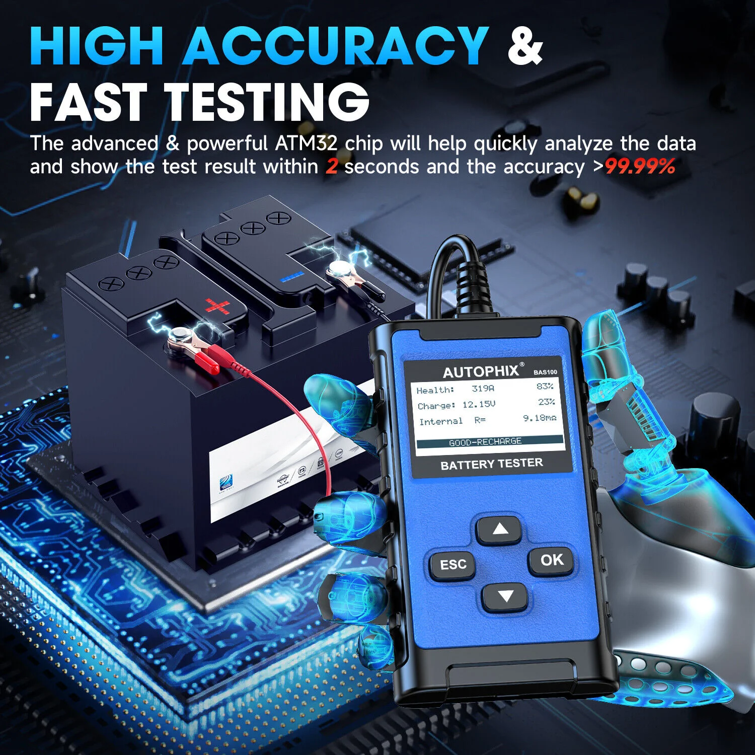 AUTOPHIX BAS100 Car Battery Tester 12V 24V Alternator Charging Cranking System Analyzer Load Tester Charging System Analyzer