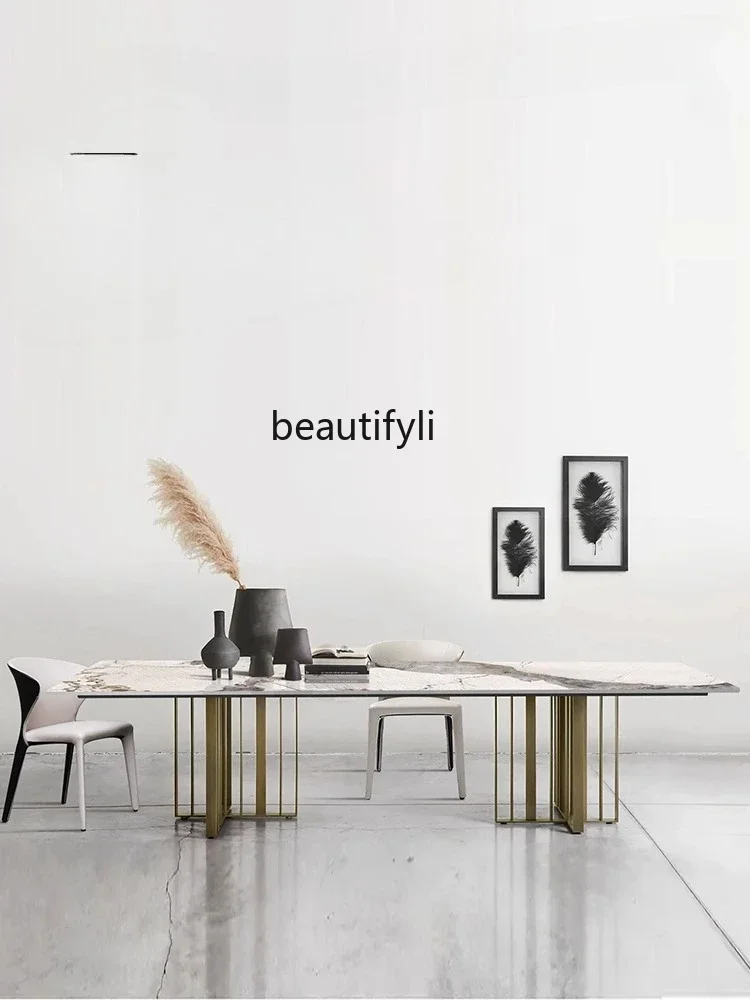 

Light luxury rock slab dining table Household rectangular restaurant Nordic marble combination dining table and chairs R
