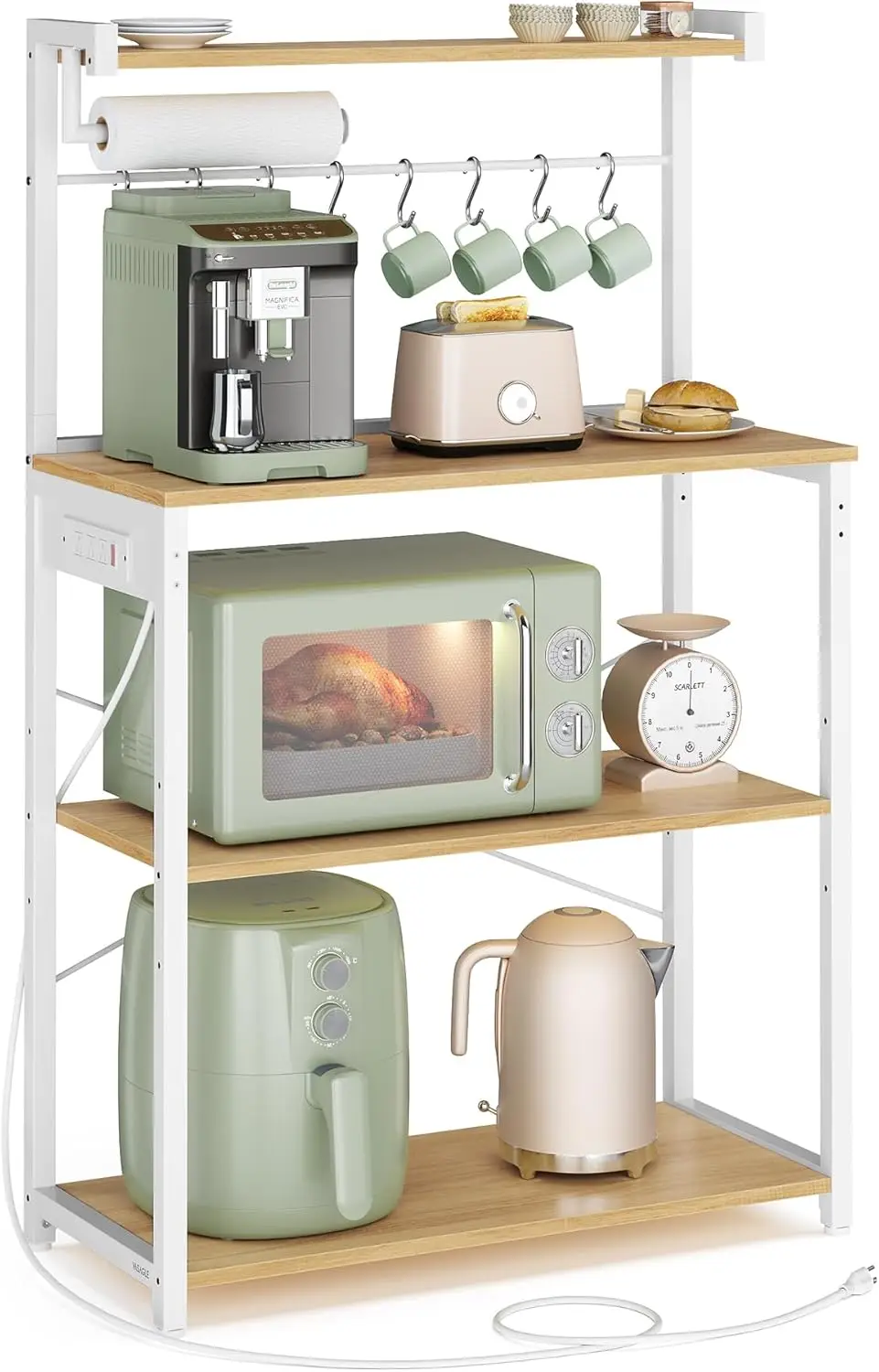 

Kitchen Bakers Rack with Power Outlet, Coffee Bar 4-Tier with 8 S Hooks, Microwave Stand, Adjustable Shelf, 15.7 x 31.5