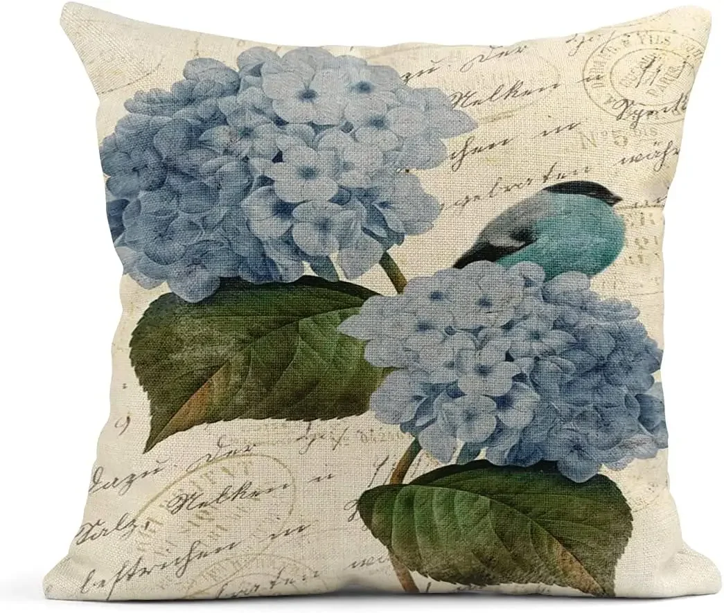 Summer Watercolor Blue Hydrangea Flowers and Birds Linen Pillow Cover Home Decoration Pillowcase Square Sofa Bed Cushion Cover