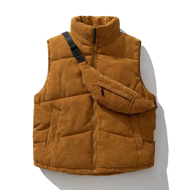 

Autumn Winter Corduroy Men's Vests Jacket Warm Sleeveless Stand Collar Padded Waistcoat Vintage with Backpack Casual Warm Coat