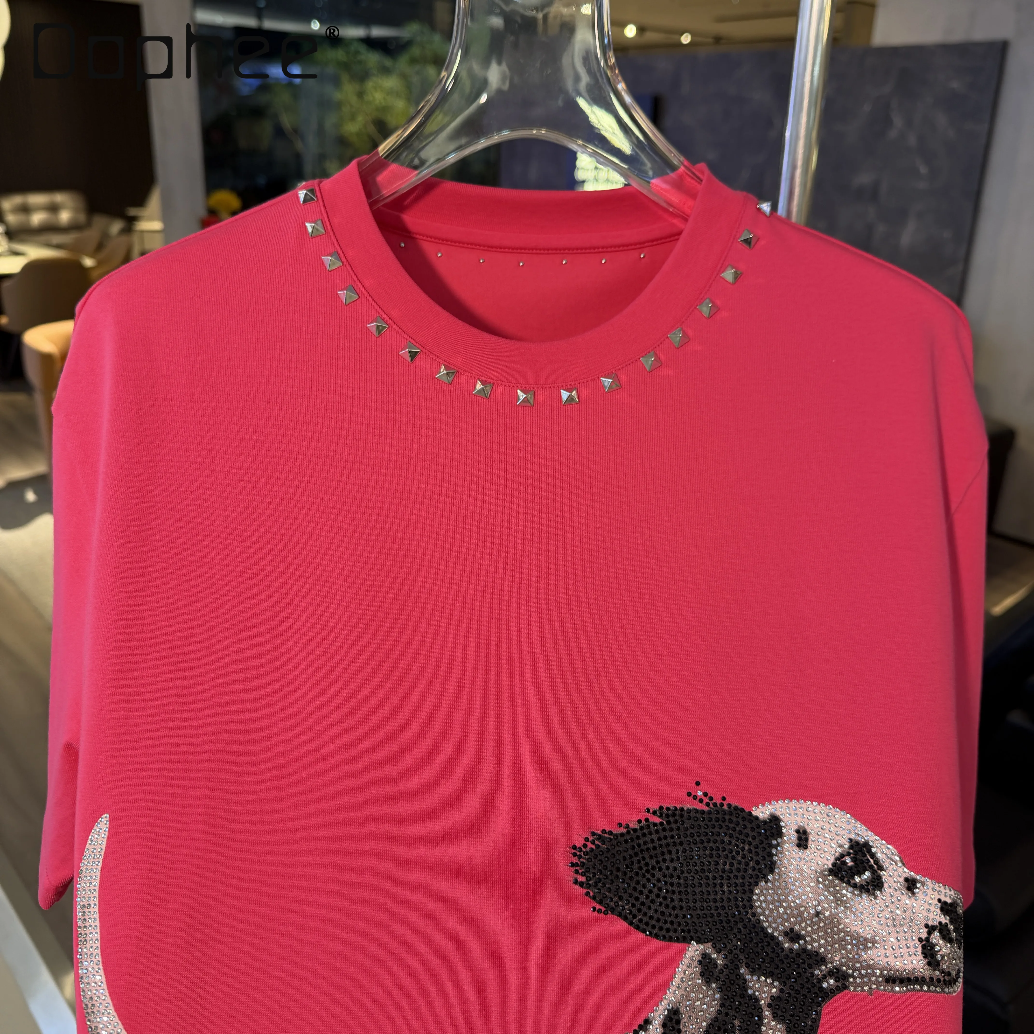 

2026 Summer New Arrival Men's American Streetwear Dalmatian Print T-Shirt Rivet Rhinestone Loose Casual Round Neck Cotton Top