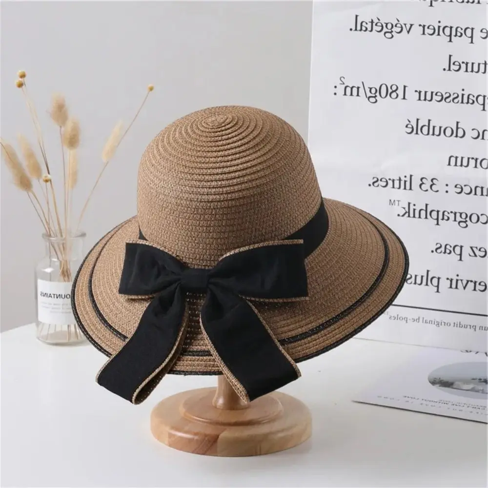 New Summer Women Sun Hat Casual Foldable Bowtie Fisherman Hat Straw Hat Fashion Travel Beach Hat