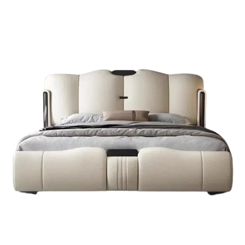 

Nordic Modern European Double Bed Waterproof Luxury Salon King Double Bed White Genuine Leather Matrimonial Home Furniture
