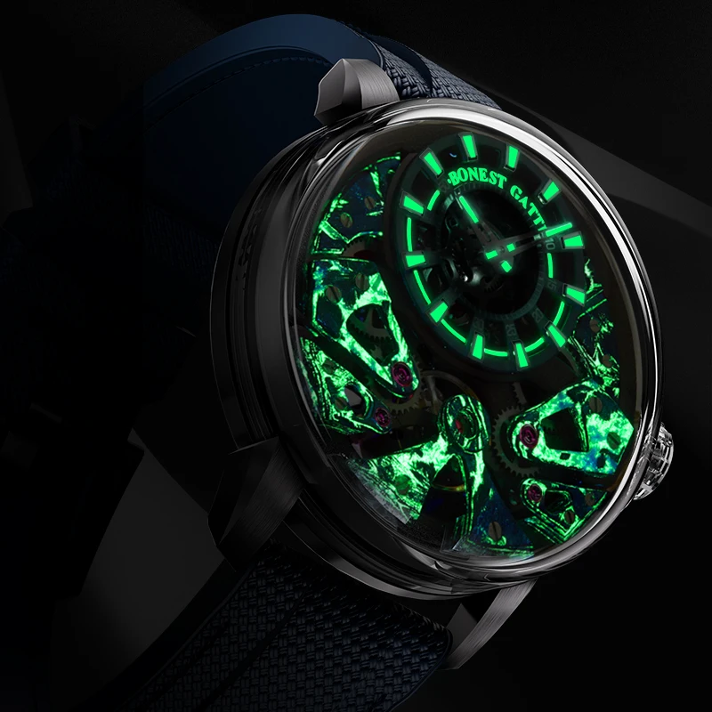 BONEST GATTI Men Automatic Watch Mechanical Wristwatch Stainless Steel Case Luminous Sapphire Glass Rubber Strap Watch
