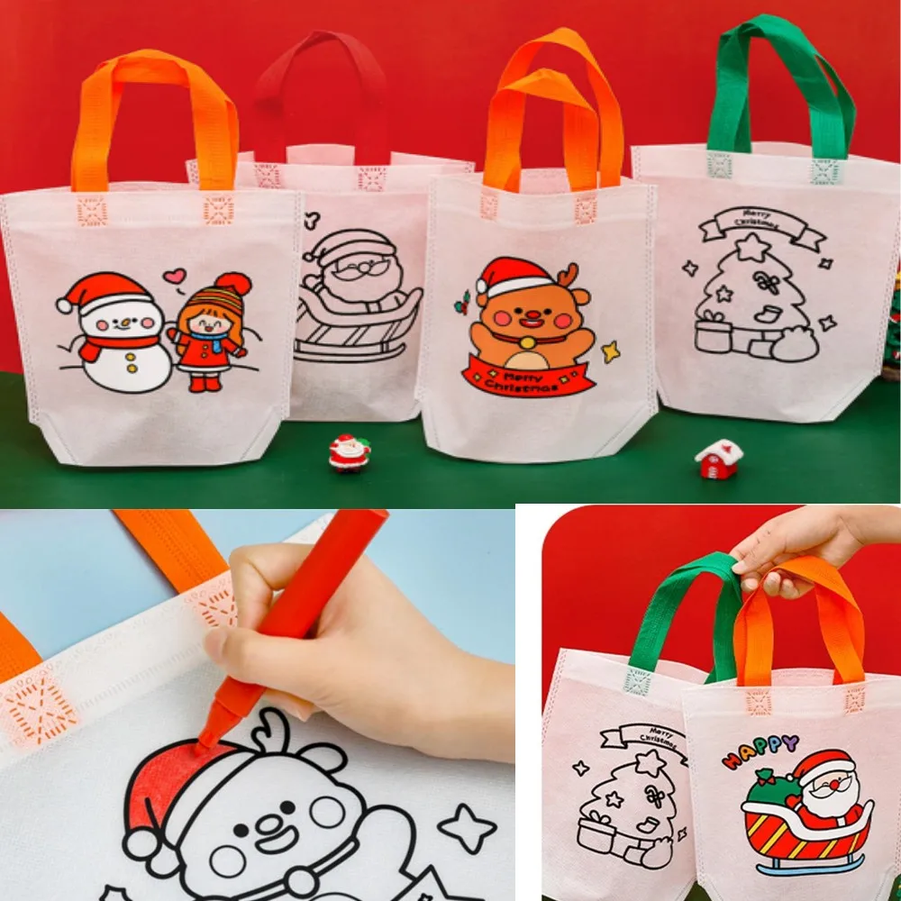 DIY Christmas Graffiti Bag Handmade Paint Non-Woven Gift Bag for Children Art Crafts Color Filling Goodie Bag Toy Shopping Bag