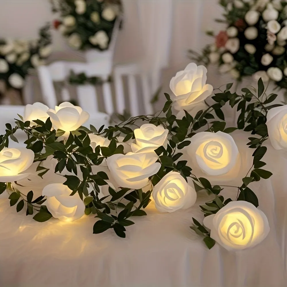 1 x künstliche weiße Rosen-Lichterkette, batteriebetrieben (exkl), Dekor für Hochzeitsantrag im Schlafzimmer, Valentinstagsgeschenk