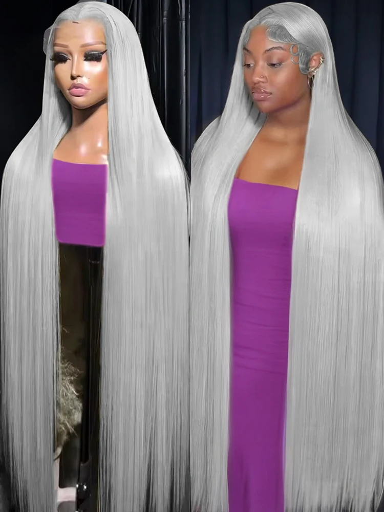 

30 40 Inches Silver Grey Colored Straight 13x6 HD Lace Frontal Human Hair Wigs 250% Density Pre Plucked For Women 100% Brazilian