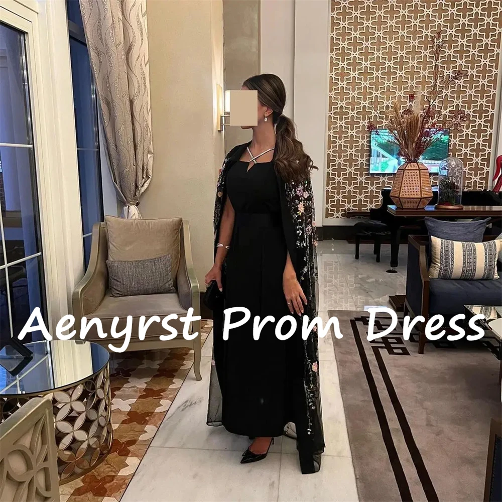 Aenyrst Saudi Arabia Black Cape Evening Dresses Appliques Ankle-Length Prom Dress 2025 Halter Wedding Guest Gowns customized