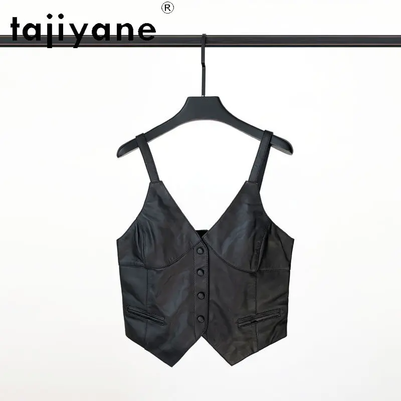 TAJIYANE Real Leather Jacket Women Sleeveless V-neck Vest Short Tanks Top Sheepskin Jackets for Woman Leather Coat Косуха Chic