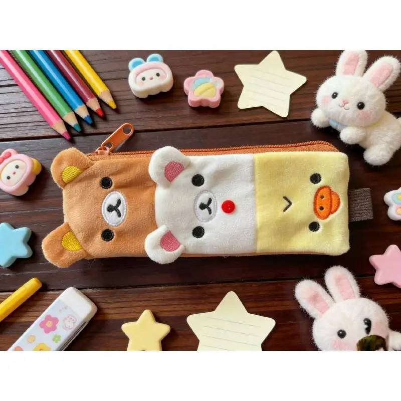 

Kawaii Rilakkuma Elastic Rope Plush Pencil Case High Aesthetic and Creative Portable Storage Bag Large Capacity Stationery Bag