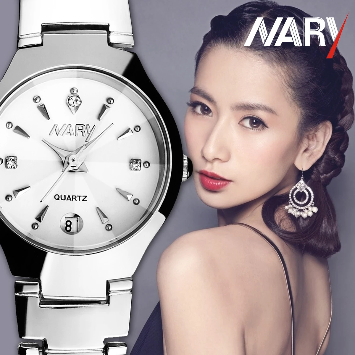 NARY Fashion Simple Lovers Watch  Stainless Steel High Quality Men Watch Waterproof Calendar Women Wristwatch 6112