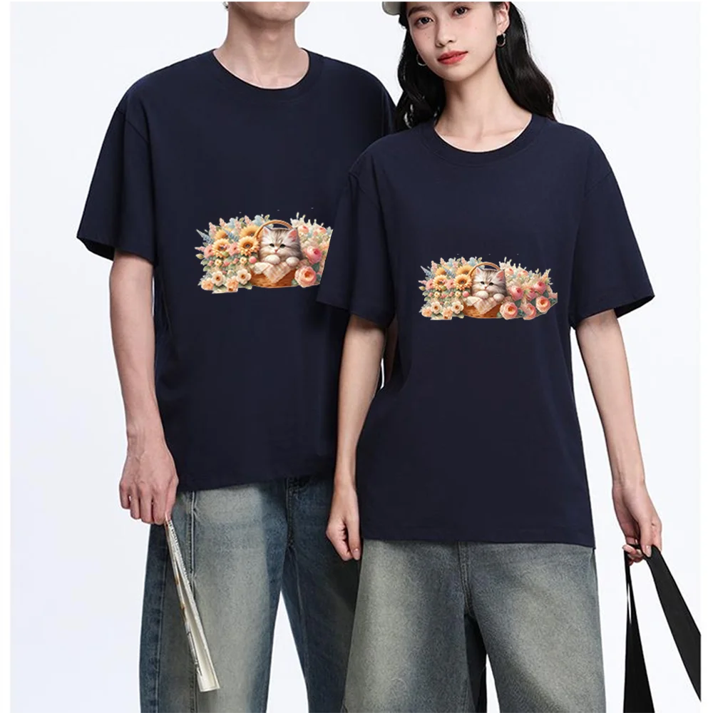 Kitten In Floral Basket Printed T Shirt Cotton S-XL Personalized Custom Aesthetic Graphic Unisex Fit Breathable Casual Short Sle