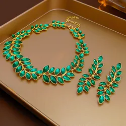 Vintage Necklaces Green Leaves Tassel Drop Earrings Luxury High-end Earrings for Women Inlaid Rhinestone Jewelery Set