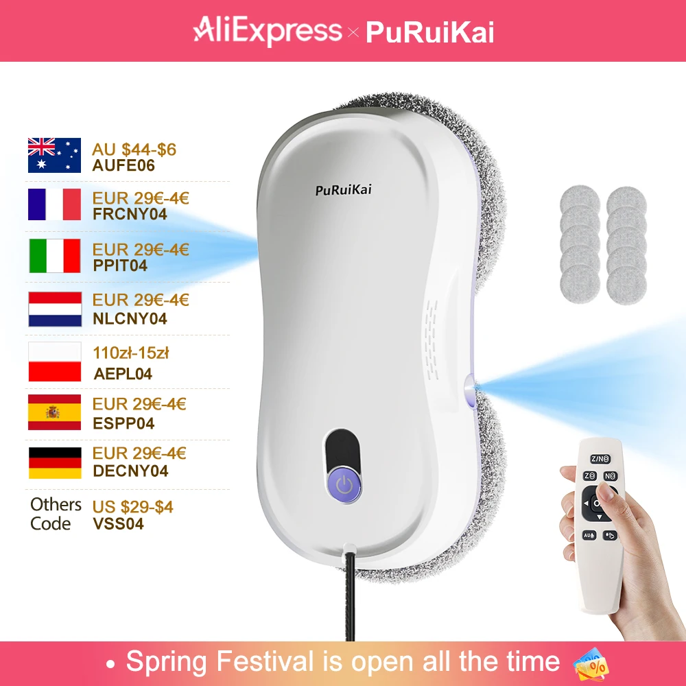 Robot Limpiacristales Portátil PuRuiKai, Limpieza Inteligente con Doble Boquilla Pulverizadora de Agua, Control Remoto