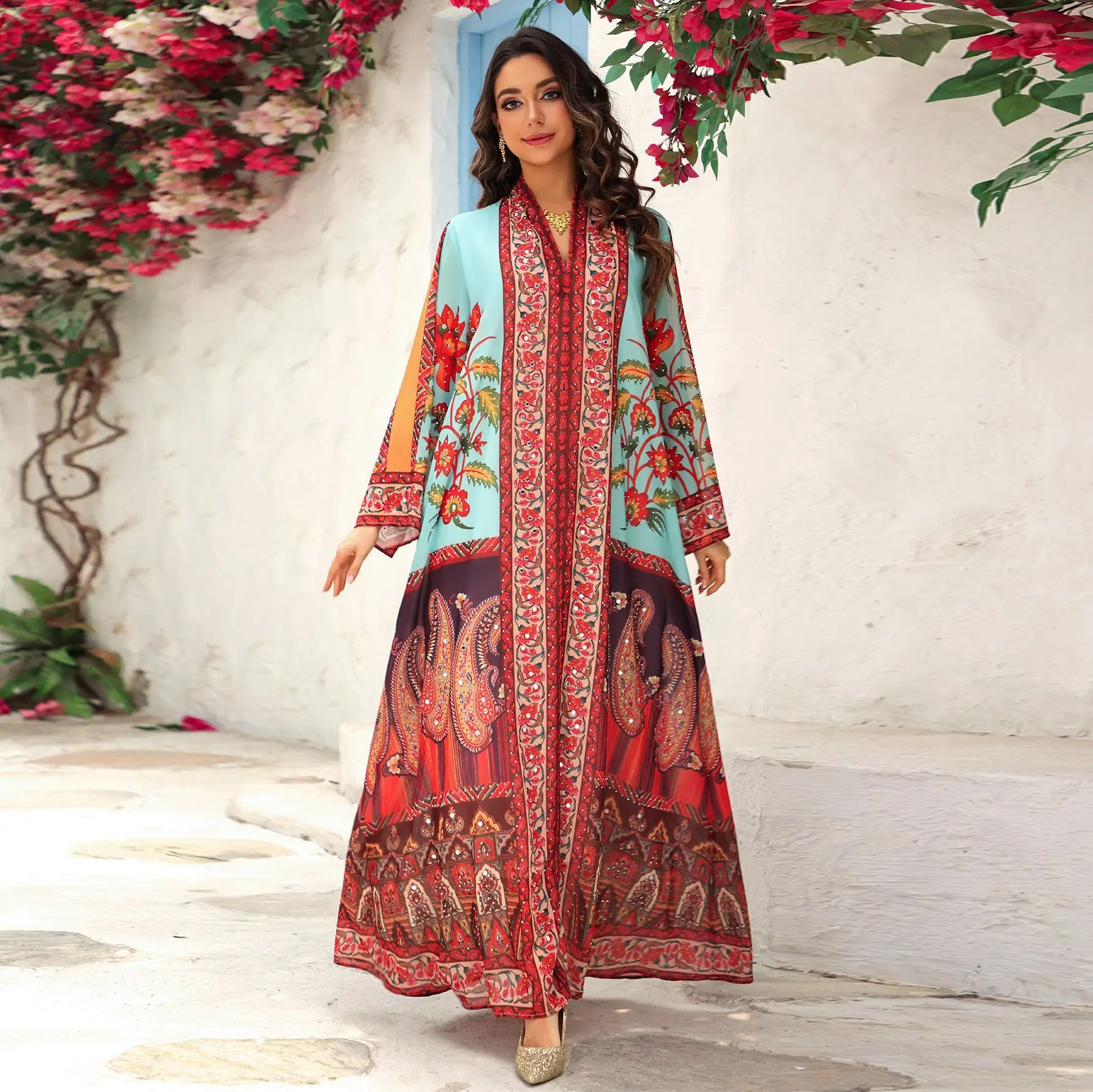 

Ab476 Summer Pullover Printed Plus Size Lady Clothes Multi-color Chiffon Dress Robe Abaya Ramadan Dubai Luxury Islam Elegant