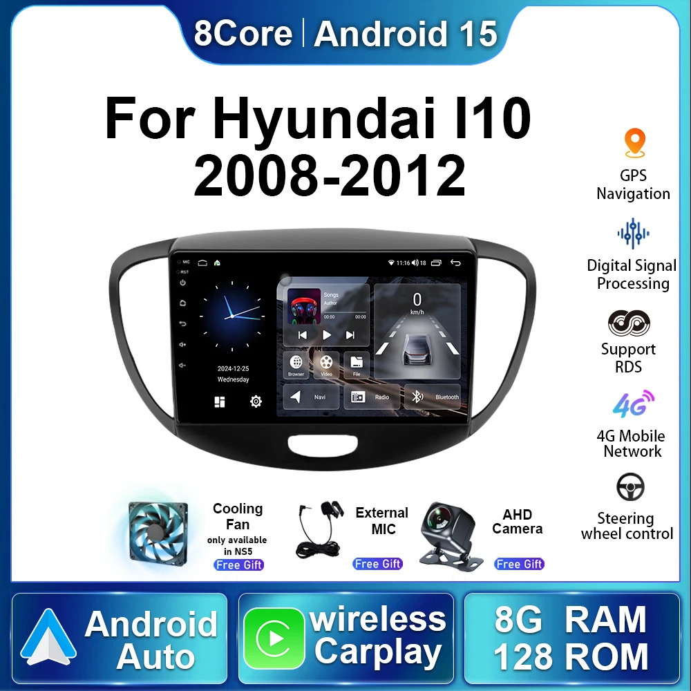 Electrónica de coche Android 15 Radio para Hyundai I10 2008 2009 2010-2012 reproductor de vídeo Multimedia navegación Carplay GPS pantalla QLED