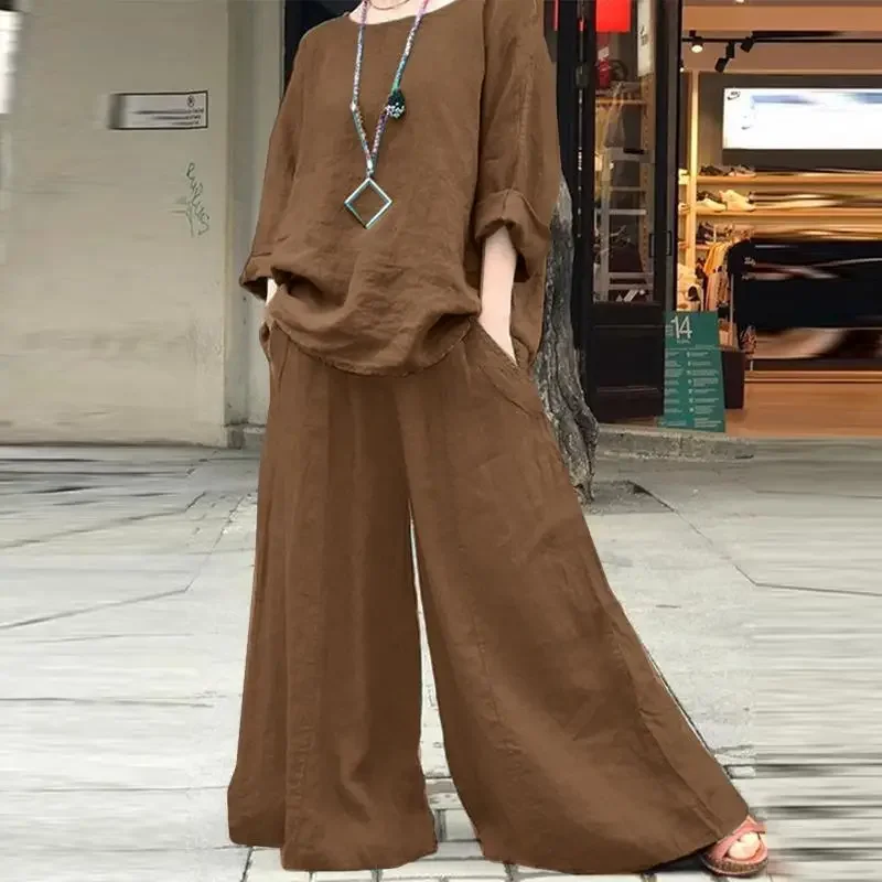 2024 Spring Cotton Linen Women Suit Black Oversize Loose Top Wide-leg Pants Set Female Summer Trendy Casual Elegant Suits Ladies