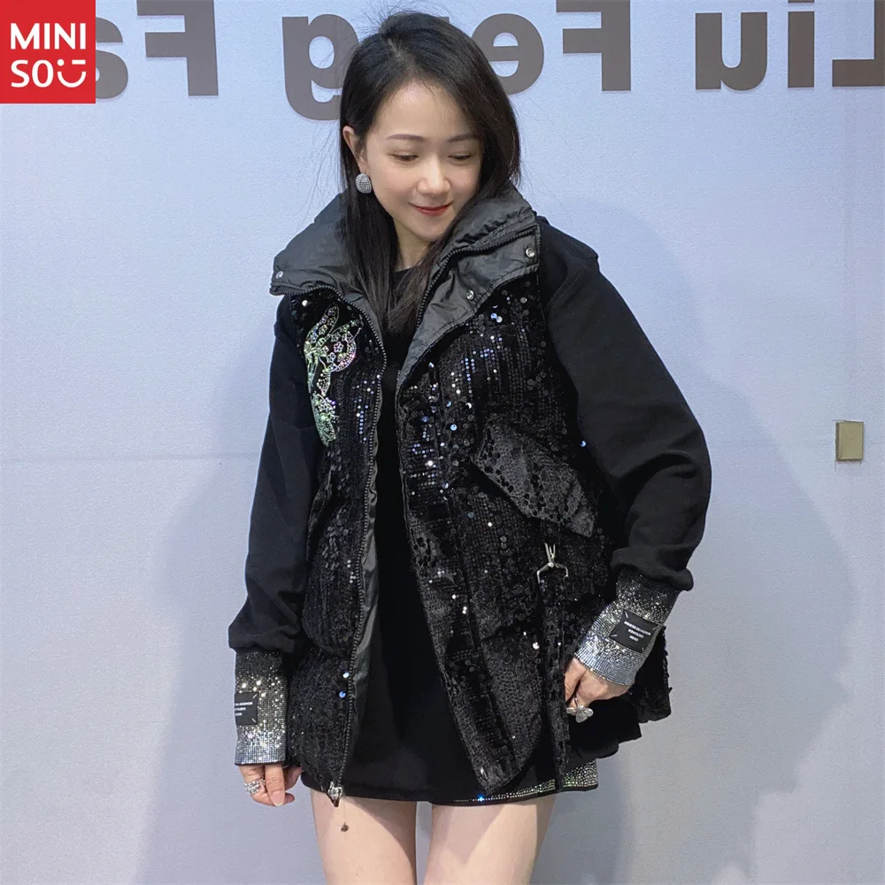 

Women's Large-size Sequined Vest Women's Winter Loose Padded Zipper Cardigan Korean Vest Sleeveless Jacket Tide