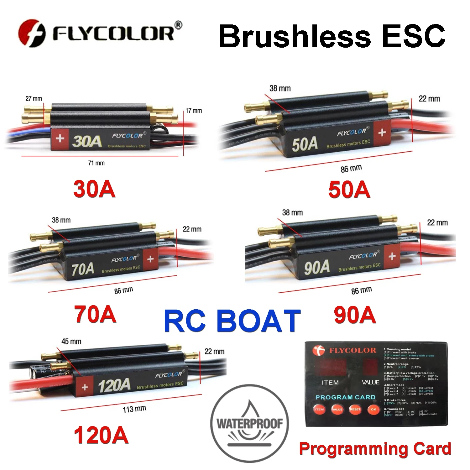 

Водонепроницаемый бесщеточный регулятор скорости FlyColor ESC 2-6S Lipo 30A 50A 70A 90A 120A программируемый для моторов радиоуправляемых лодок