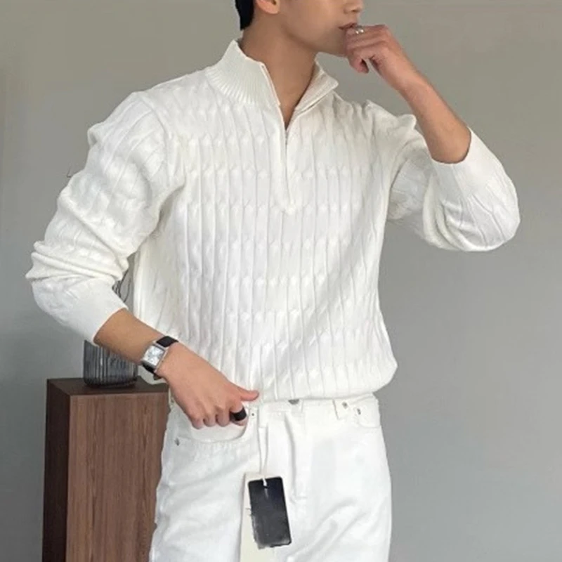 

Осенняя одежда, мужской вязаный жаккардовый пуловер на молнии, свитер премиум-класса, винтажный однотонный воротник-стойка с длинным рукавом, роскошный M-3XL