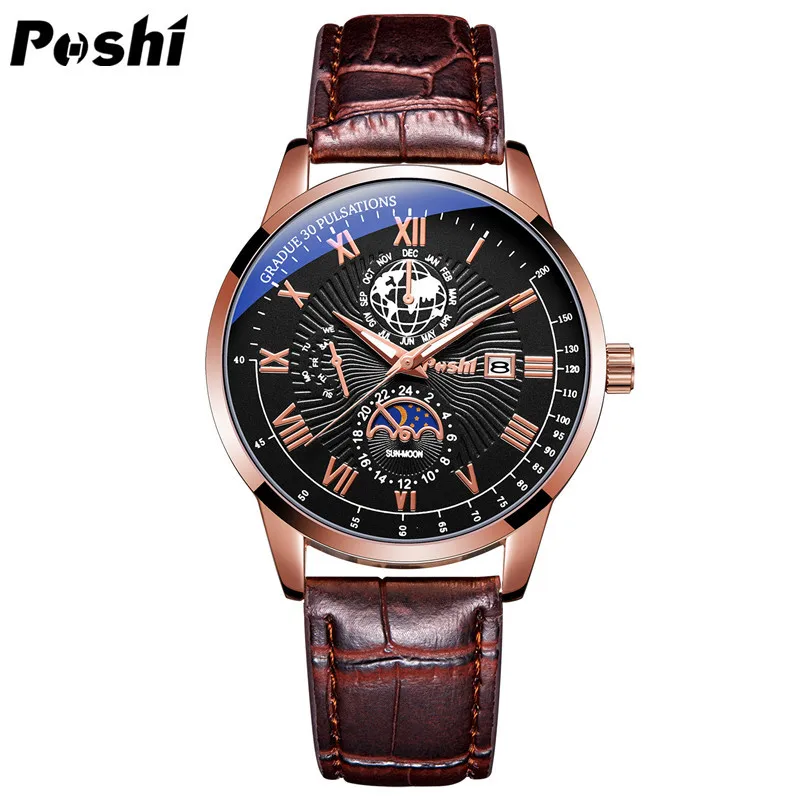 POSHI Business Men Watches Casual Sport Watches for Men Top Brand Luxury Leather Man Watch Clock Chronograph Quartz Wristwatch