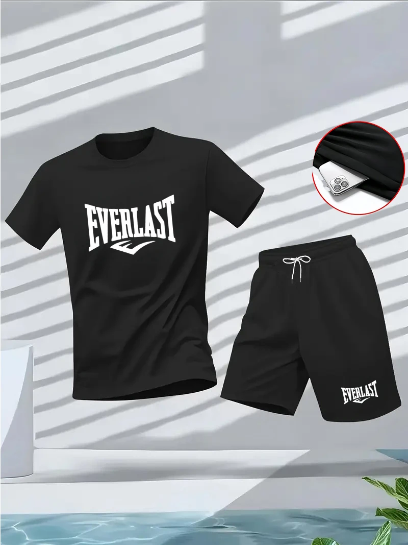 

2026 summer fitness sportswear for men, short-sleeved T-shirt and shorts two-piece set, breathable and quick-drying casual wear