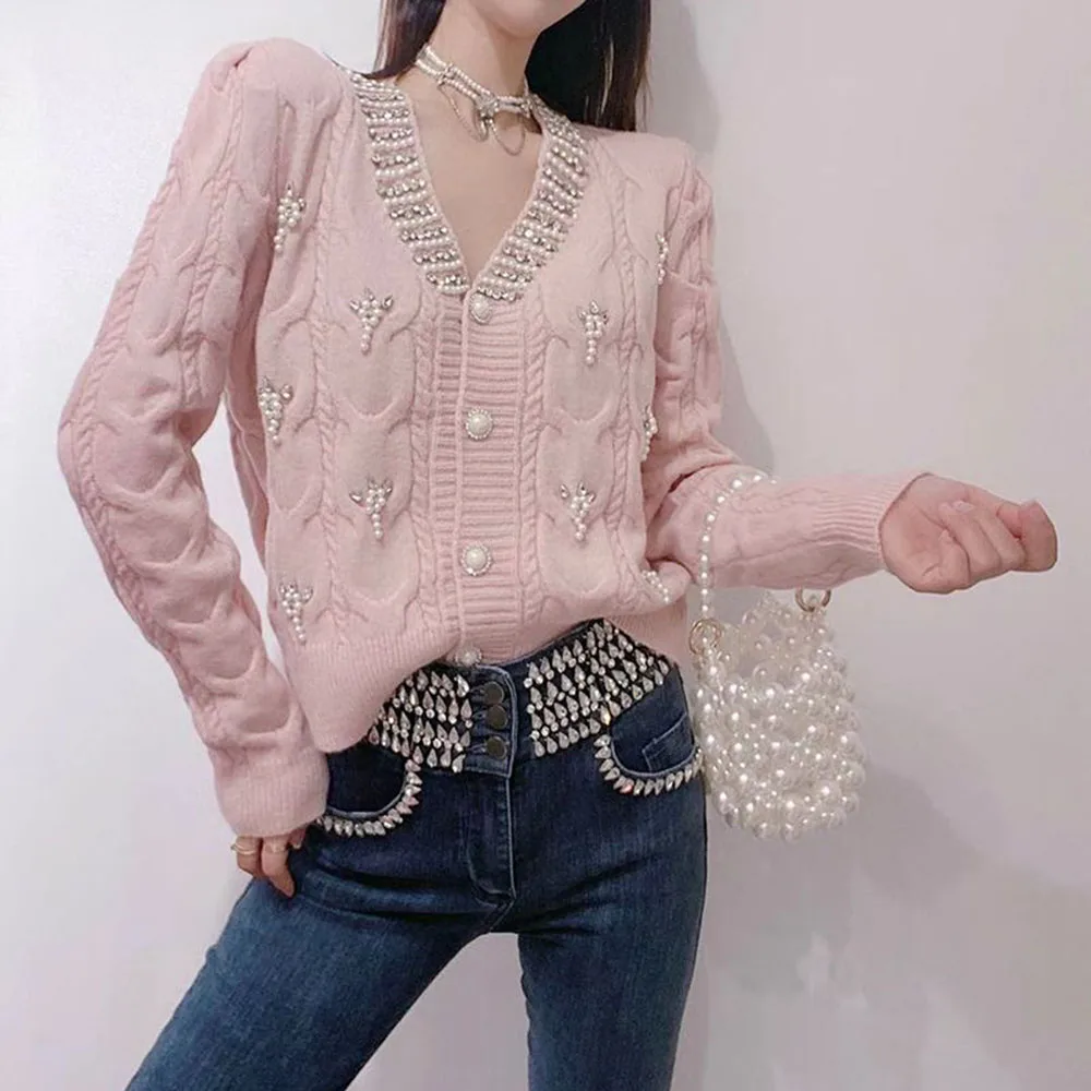 Fashion Luxury Beaded Diamonds Sweater Jacket Women Elegant Knitted Cardigan Coat Knitwear Tops 2024Autumn Winter V-neck Jumpers