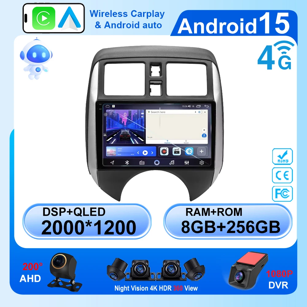

Автомобильное радио Android 15 для Nissan Versa Note 2013-2017 carplay Мультимедийный видеоплеер Стерео головное устройство GPS 5G Навигация 2Din