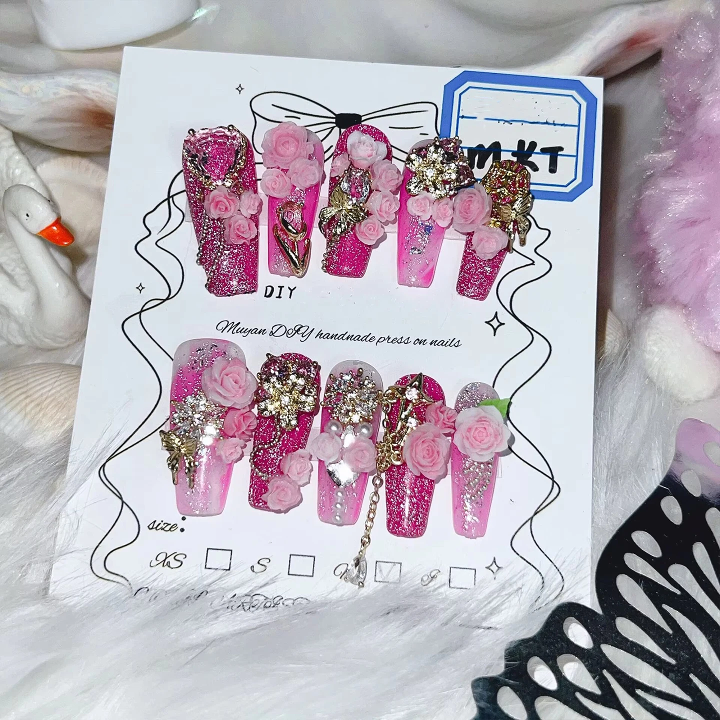 Press On Nails Handmade Pink Ombre 3D Rose Gold Accented Stunning Design False Nails Full Set 24pcs Comfort Fit 2 Glues