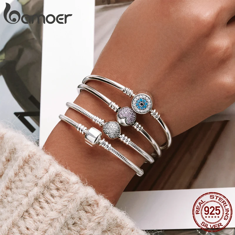 BAMOER auténtico 100% Plata de Ley 925 brazalete y pulsera de cadena de serpiente clásica para mujer ajuste pavimentado CZ joyería fina PAS916