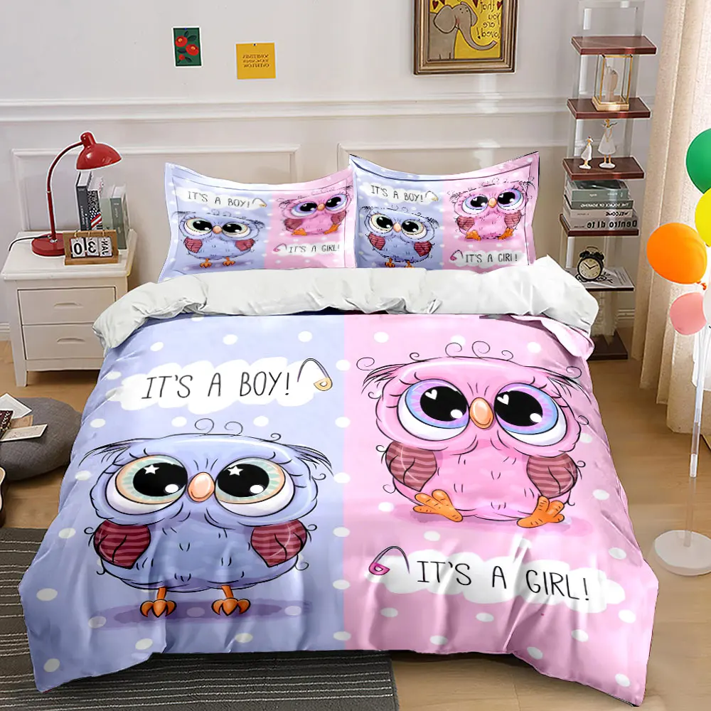 Cute owl boy and girl illustration Print Bedding Set 1 Duvet Cover 2 Pillowcases for Adult and Children Luxury Gift Full Size