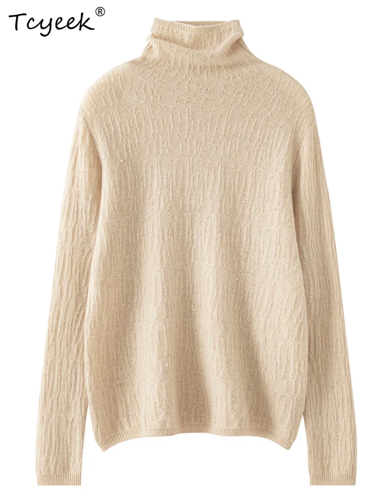 

Tcyeek, 100%Pure Cashmere Elegant Sweaters, Women Pile Collar Sequins, Soft Fashion Knitted Pullover, Autumn Winter T48216QM
