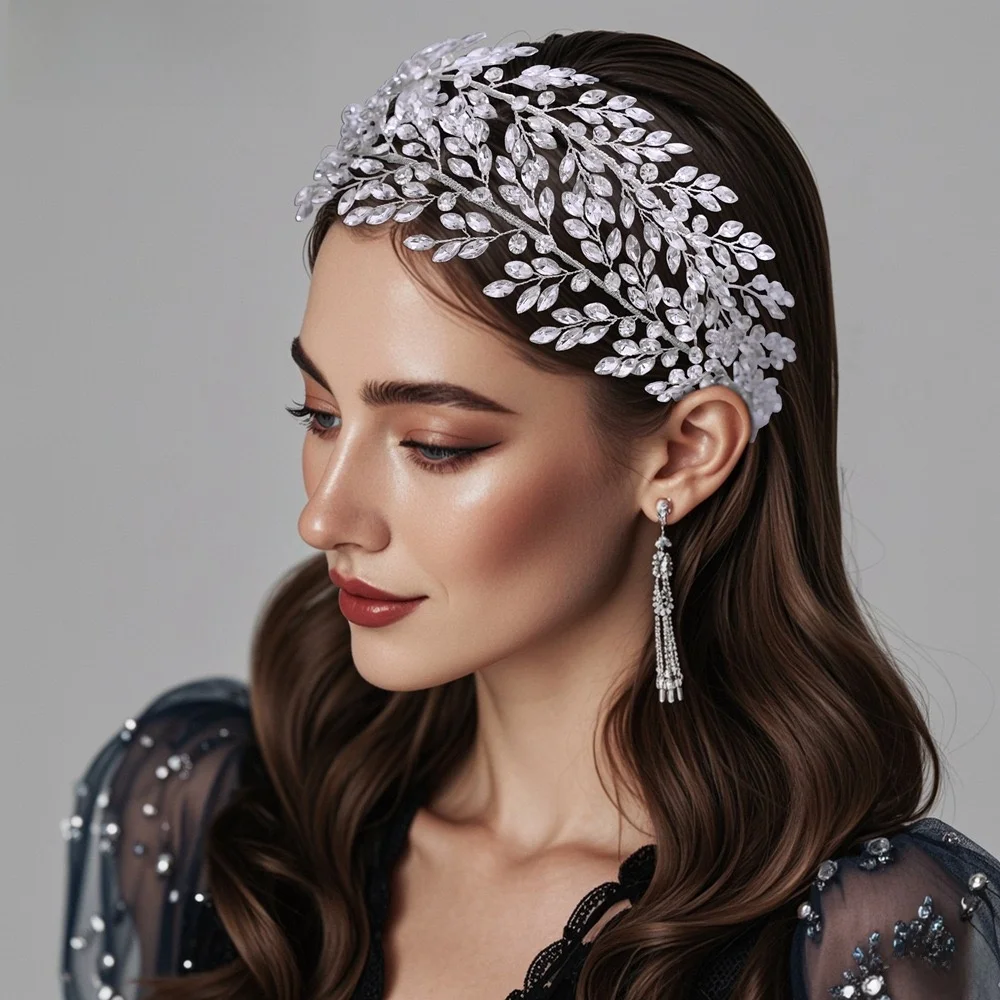 

Vintage Rhinestone Bride Headdress Leaf Sparkling Photography Headband Handmade French Style Wedding Hair Accessories Party