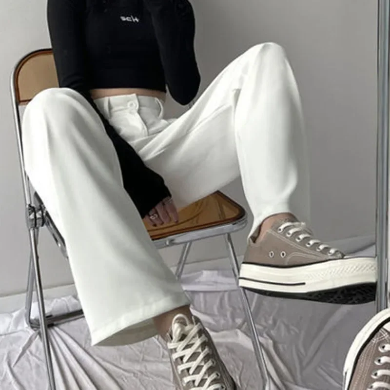 Lucyever-سراويل بساق واسعة للنساء ، خصر مرتفع ، سراويل غير رسمية ، فضفاضة ، صلبة ، مكتب ، مستقيم ، طراز كوري ، ربيع ، خريف