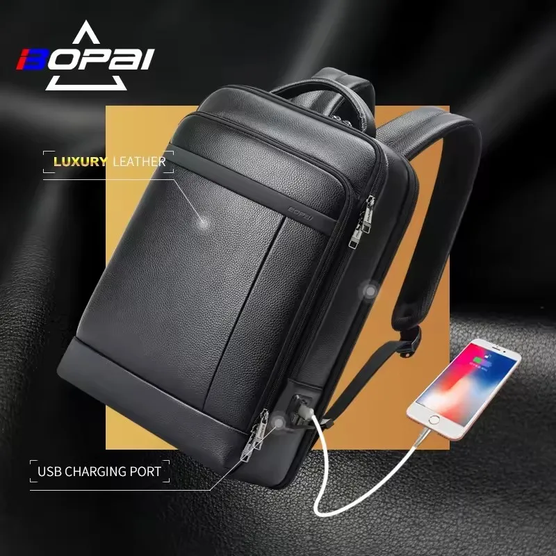 bopai leather backpack BOPAI Luxury Genuine Expendable 15.6 Inch Laptop (US The Official Store Suitable for laptops up to 15.6 inches (not compatible with gaming laptops) BOPai Genuine Leather Backpack for