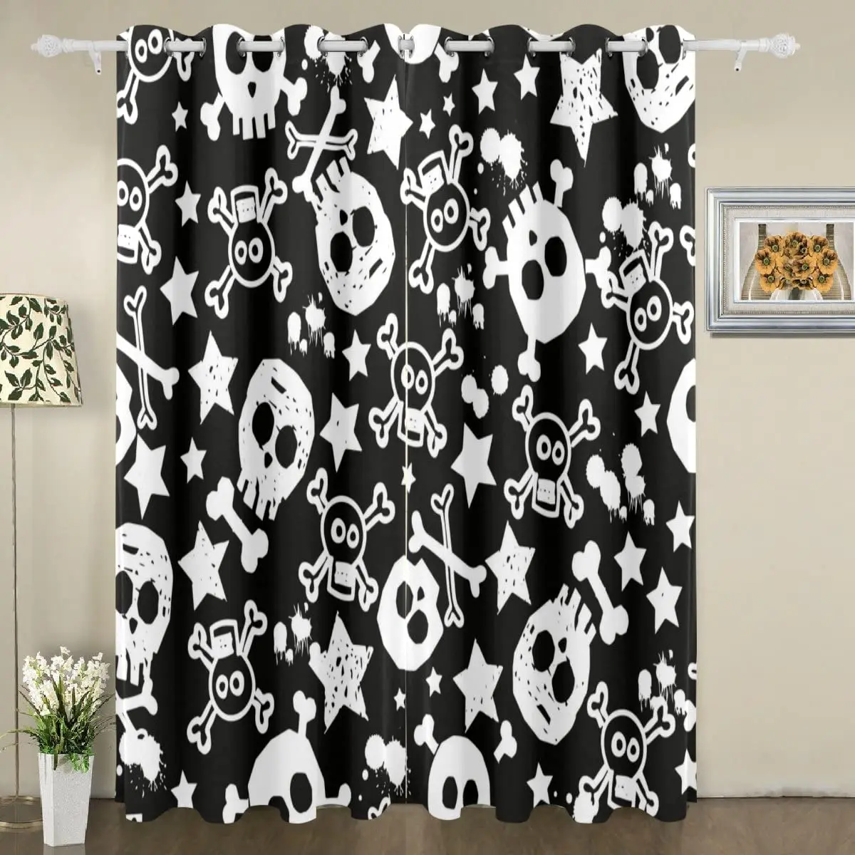 Black and White Skull and Stars Pattern Blackout Curtains Print Window Curtains for Bedroom Living Room Decor Window Treatments