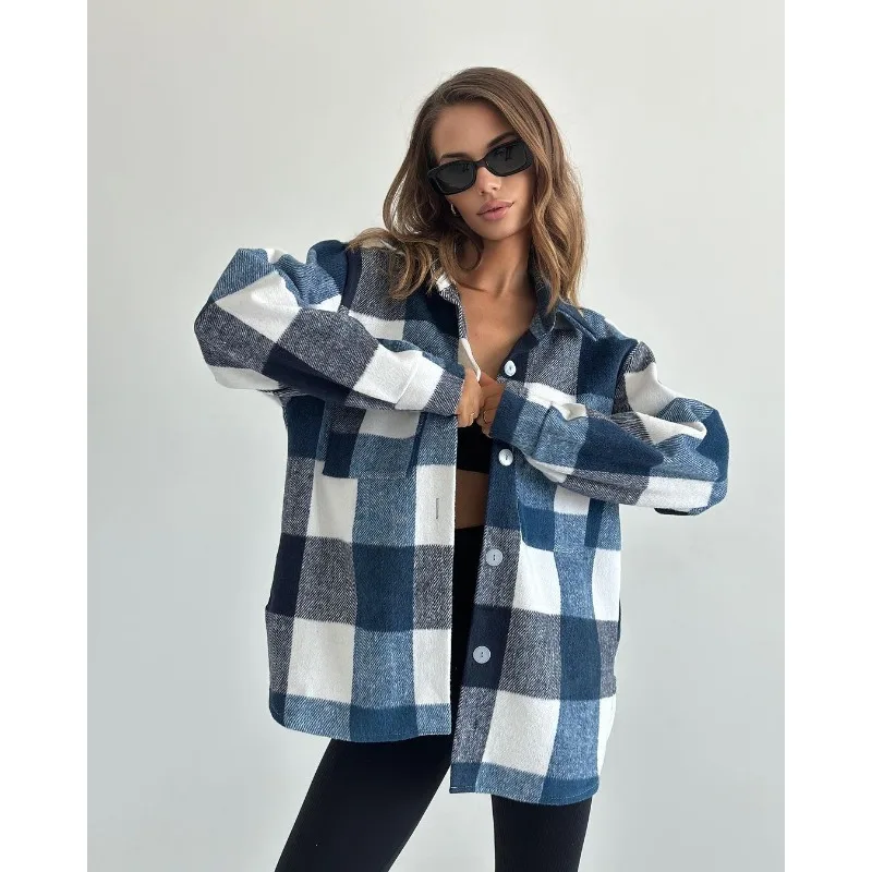 2025 Autumn Oversize Long Sleeve Women Basic Plaid Shirt Minimalist Button Up Brushed Blouses Casual Warm Cardigan Coat