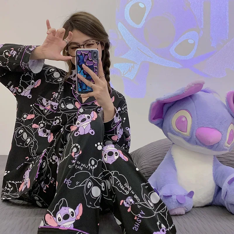 Disney Stitch Cartoon 2 Pcs Pajamas Sets for Women In Spring And Autumn, Long Sleeved And Sweet Pjs for Students Homewear Suit