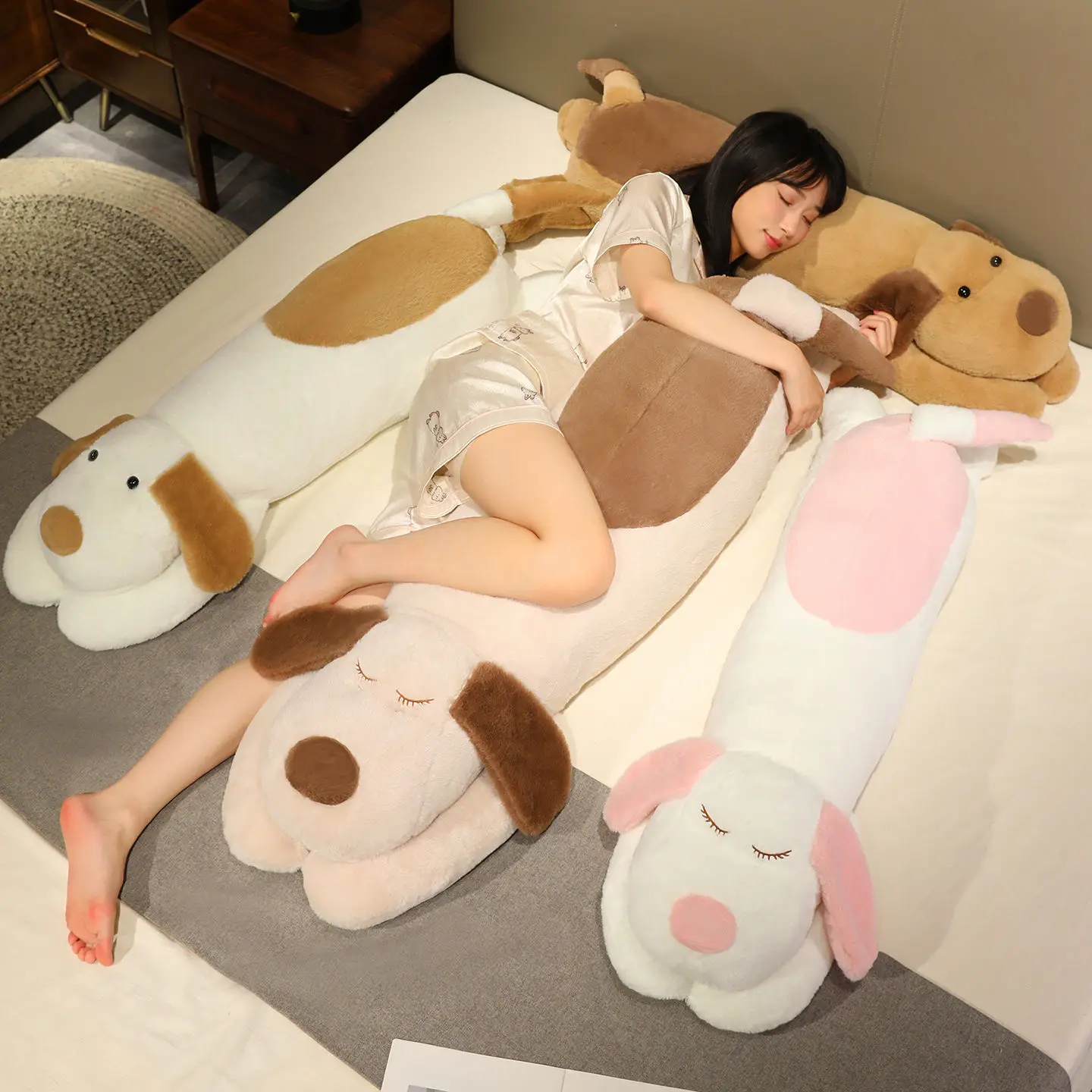 Oreiller en peluche pour chien, grande taille, Long couché, chiot de dessin animé, poupée en peluche douce, chaud et joli, oreiller de couchage, décoration de maison Kawaii