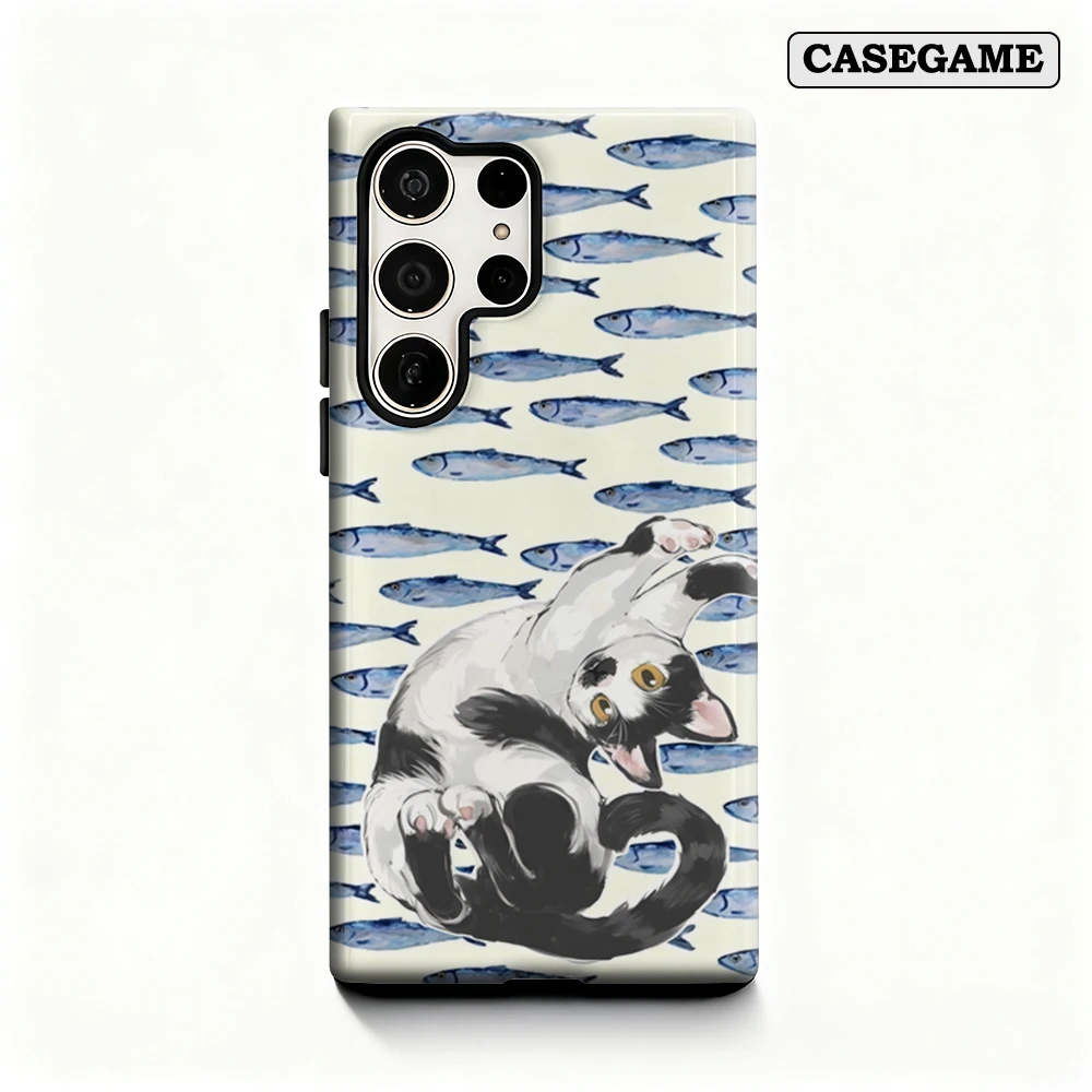 Funda de teléfono divertida con diseño de gato y pez para Samsung Galaxy S25 Ultra S24 S23 Ultra Plus, funda trasera de doble capa a prueba de golpes