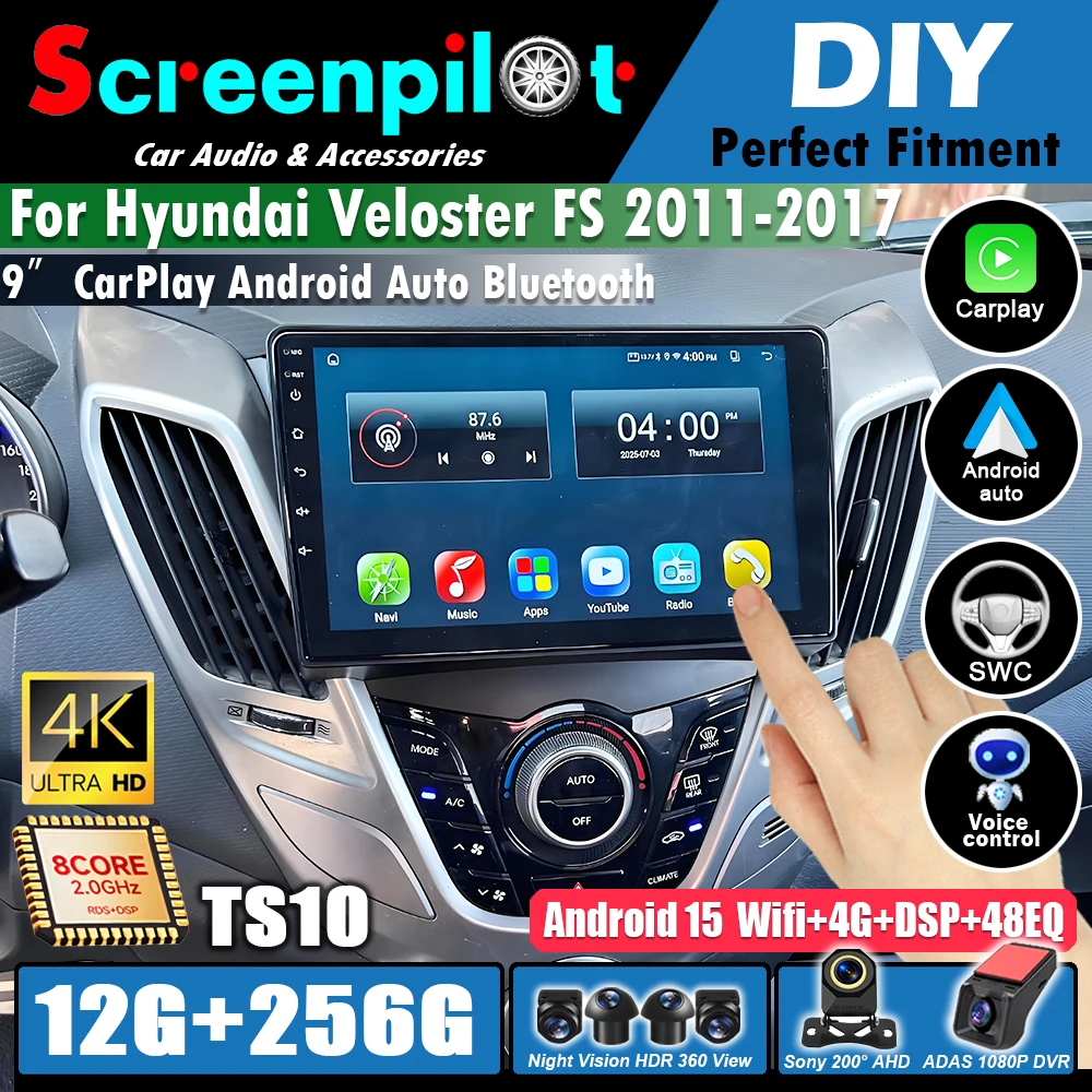 Car Stereo Radio For Hyundai Veloster FS 2011 20112 2013 2014 - 2016 2017 Android 16 5G Multimedia Video Player Wireless Carplay