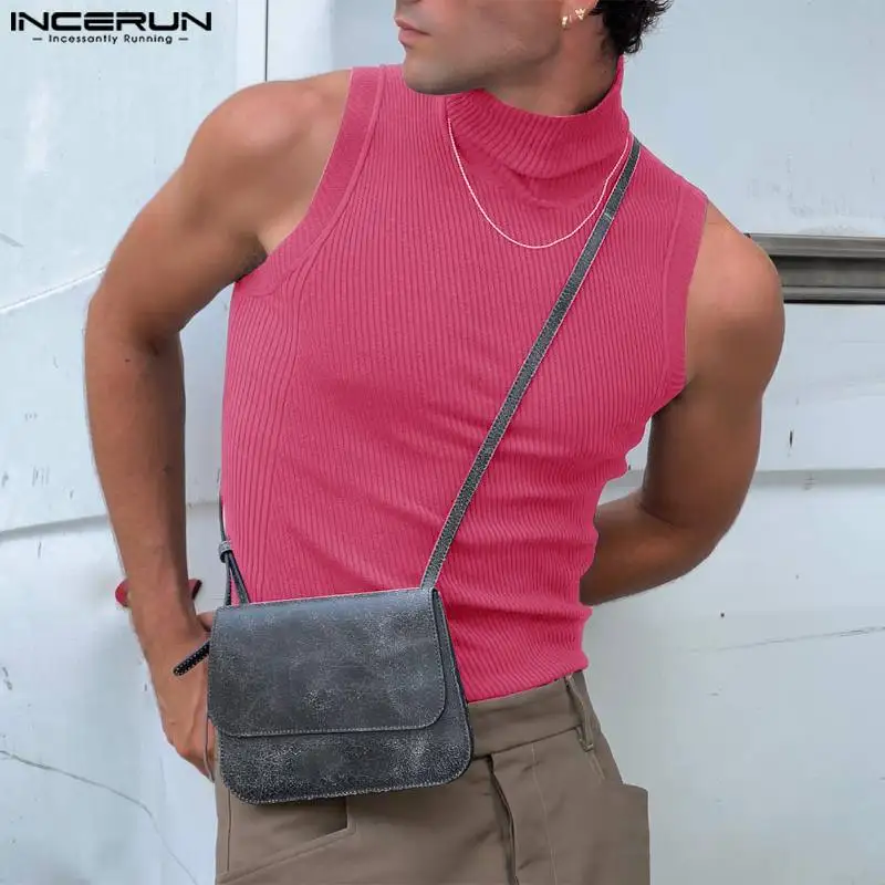 INCERUN 2024 Men Tank Tops Solid Color Turtleneck Sleeveless Knitted Casual Vests Men Streetwear Fitness Fashion Men Clothing