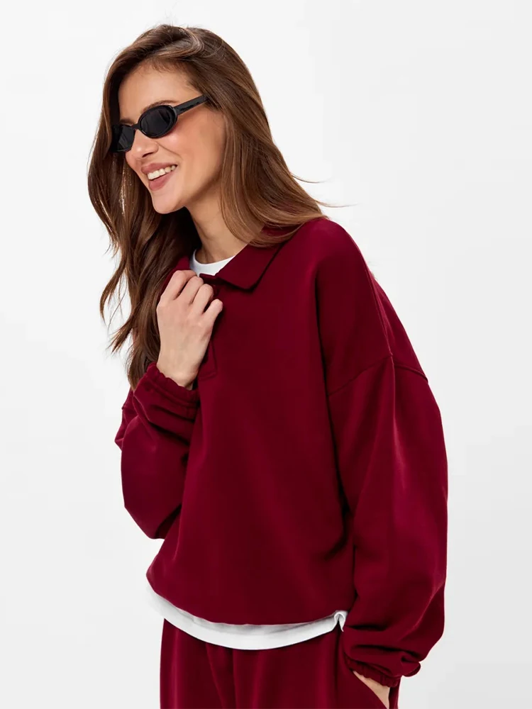 Damen-Hosenanzug 2-teilig Polokragen Langarm-Sweatshirt Pullover Elastische Taille Hose Streetwear Einfarbiger Oversize-Trainingsanzug – Detail 22