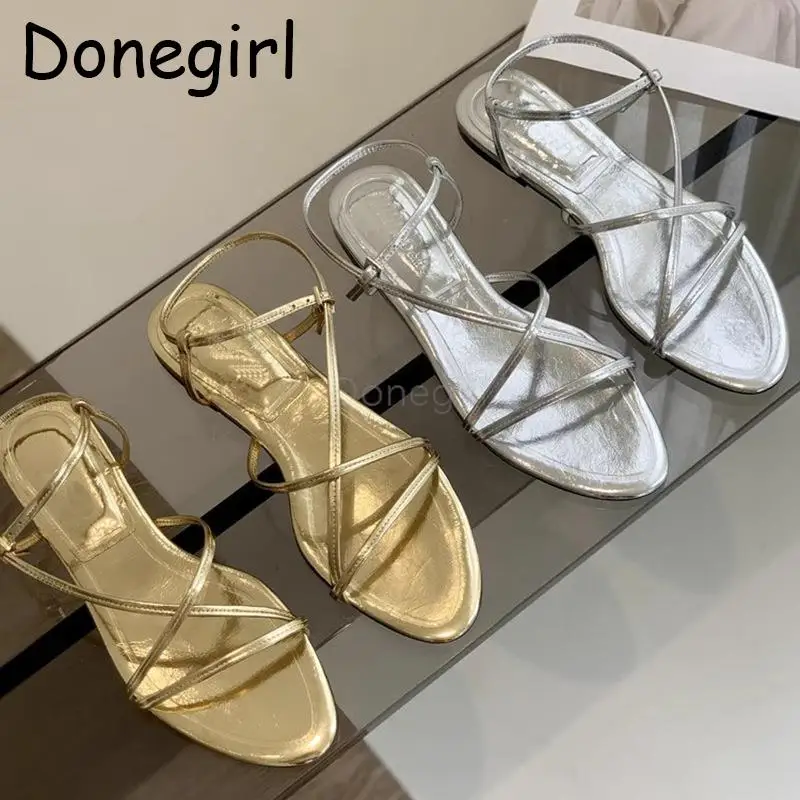 Donegirl 2023 Women New Summer Fashion Sandals Solid Fine Ribbon Flat Shoes Simple Elegant Roman Beach Shoes Female Chic