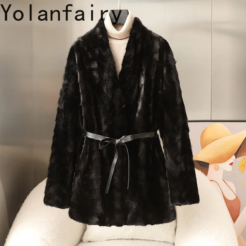 YOLANFAIRY Hoge Kwaliteit Splicing Nertsen Bontjas Vrouwen Herfst Winter Mid-lengte Echt Bont Jas Nertsen Jassen Elegante Lace-up Abrigos