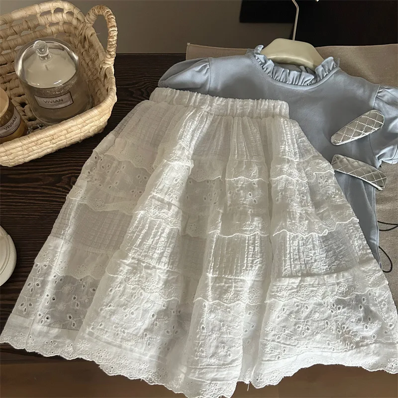 Korean children\'s clothing 2024 new spring/summer girl bubble sleeve short sleeved T-shirt lace hollow half skirt two-piece set