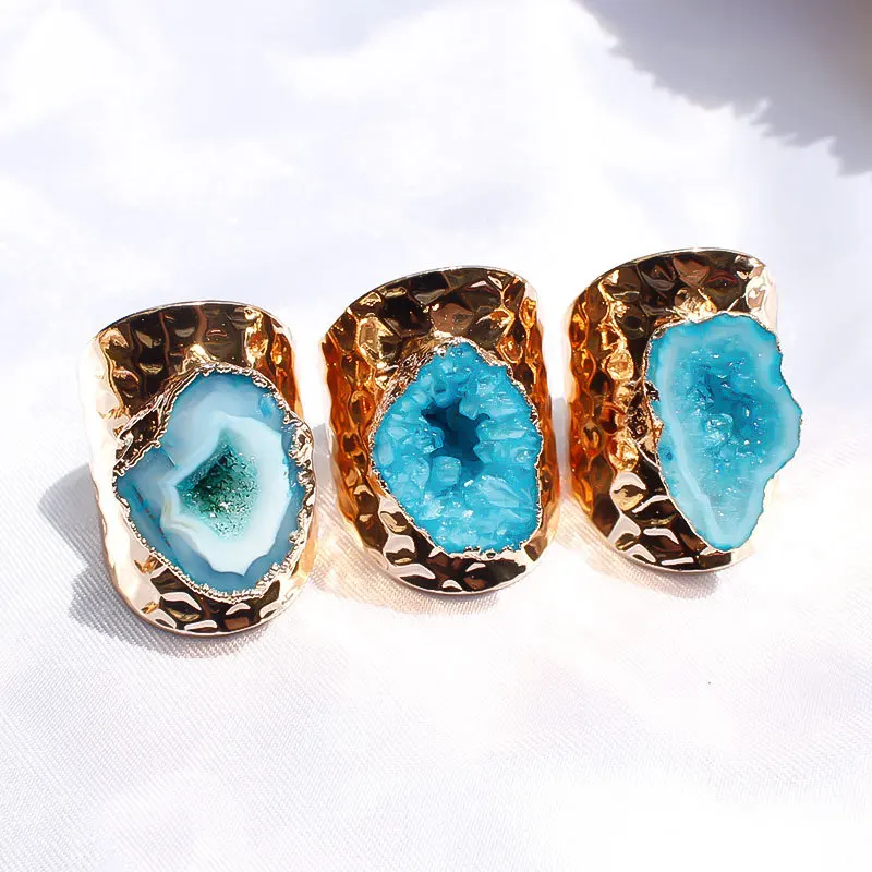 Agate Geode Charm Ring Women Natural Stone Gold Plated Cuff Adjustable Knuckle Ring Raw Crystal Rings