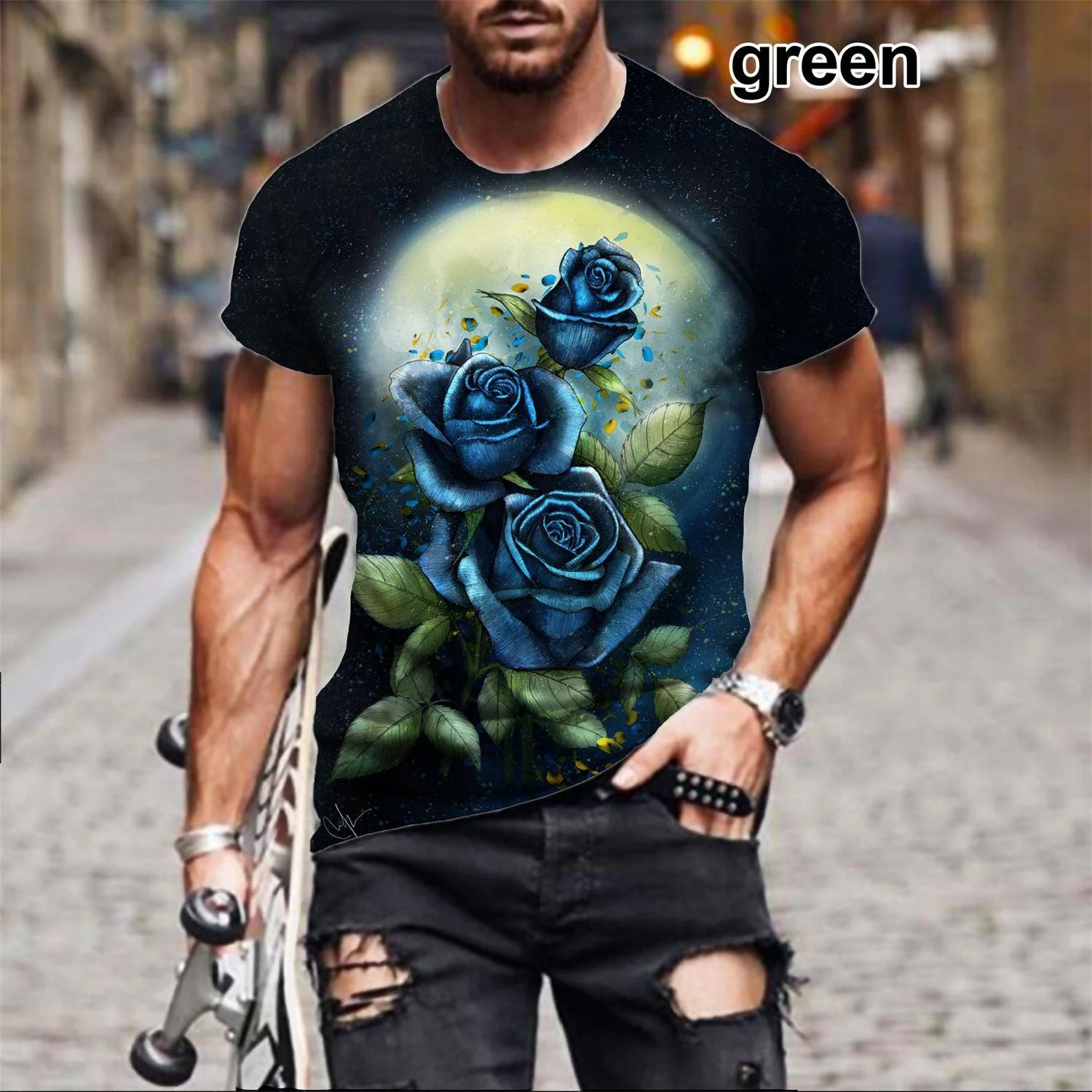 Men's Rose 3D Printing T-shirt New Popular Flower Art Rose Men/ Women Hip-hop Harajuku Casual Short Sleeve Tee